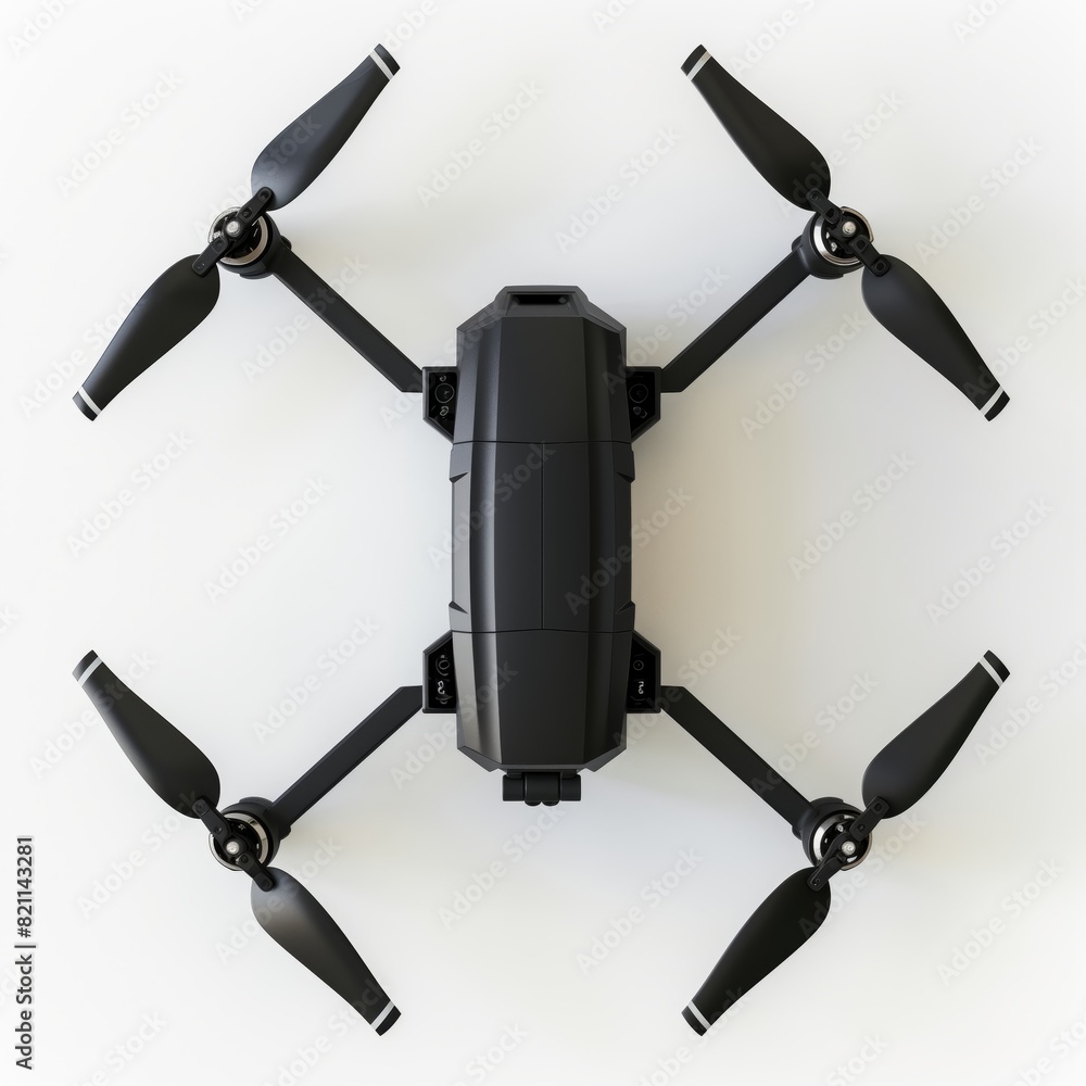 A top view of a black drone with static rotors in a white background. A top view of a black drone with static rotors in a white background.