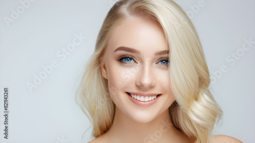  white background  copy space. a woman with blue eyes