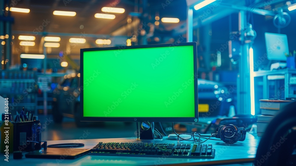 Desktop Computer Monitor with Green Screen Mock Up Display Standing in Automotive Design Studio. Concept Of Creative Agency Working For Automotive Factory. Employee's Work Station. Desktop Computer Monitor with Green Screen Mock Up Display Standing in Automotive Design Studio. Concept Of Creative Agency Working For Automotive Factory. Employee's Work Station.