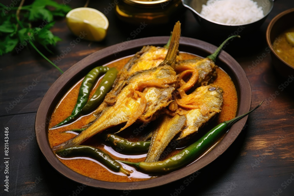A plate of hilsa fish curry sits on a wooden table. Generative AI A plate of hilsa fish curry sits on a wooden table. Generative AI