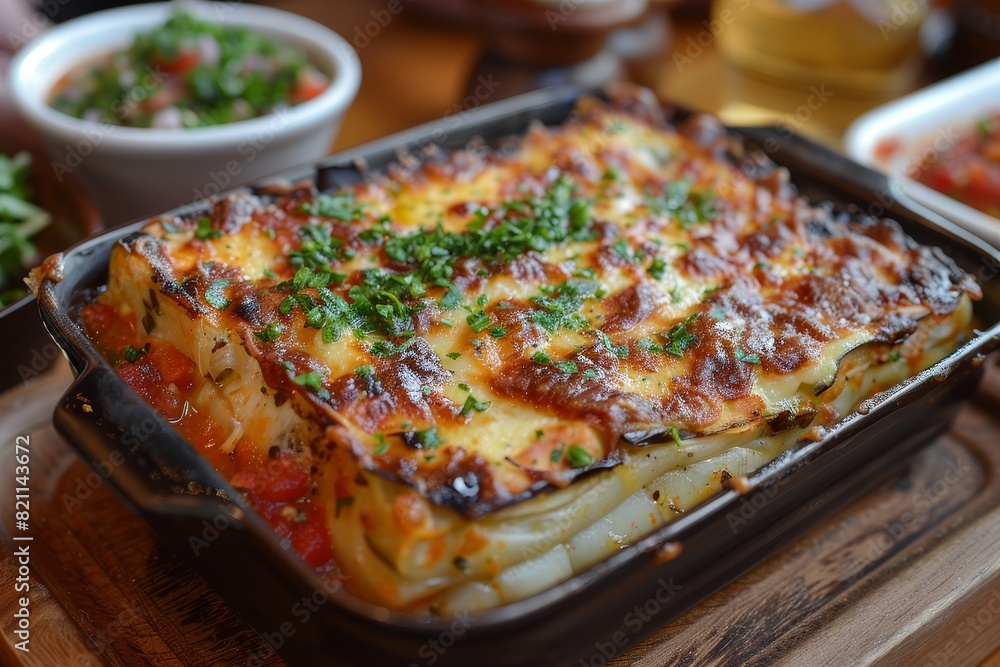 Parmigiana di Melanzane: Layers of fried eggplant, rich tomato sauce, and melted mozzarella, baked to a golden brown. Parmigiana di Melanzane: Layers of fried eggplant, rich tomato sauce, and melted mozzarella, baked to a golden brown.