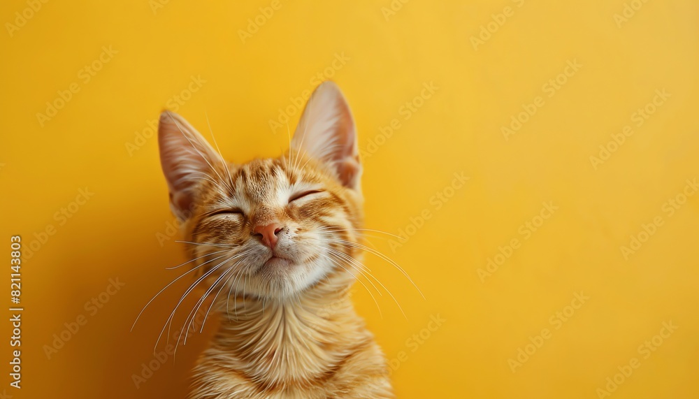 Laughing cat with closed eyes, yellow background Laughing cat with closed eyes, yellow background