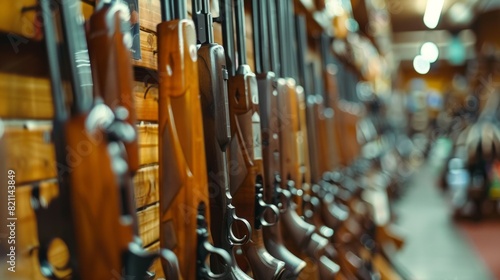 A row of guns are lined up on a wall © liliyabatyrova