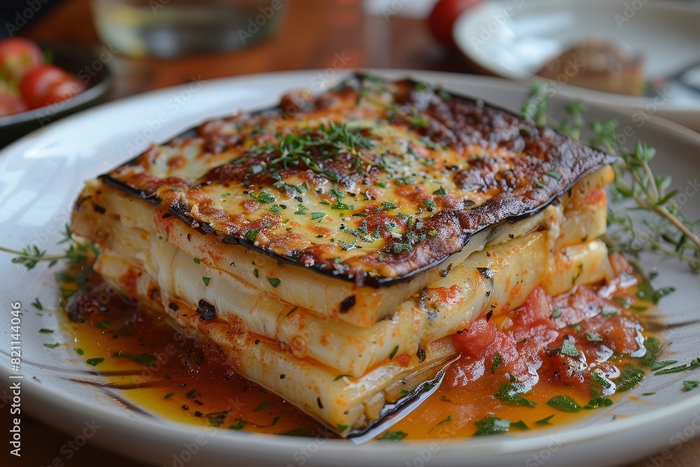 Parmigiana di Melanzane: Layers of fried eggplant, rich tomato sauce, and melted mozzarella, baked to a golden brown. Parmigiana di Melanzane: Layers of fried eggplant, rich tomato sauce, and melted mozzarella, baked to a golden brown.