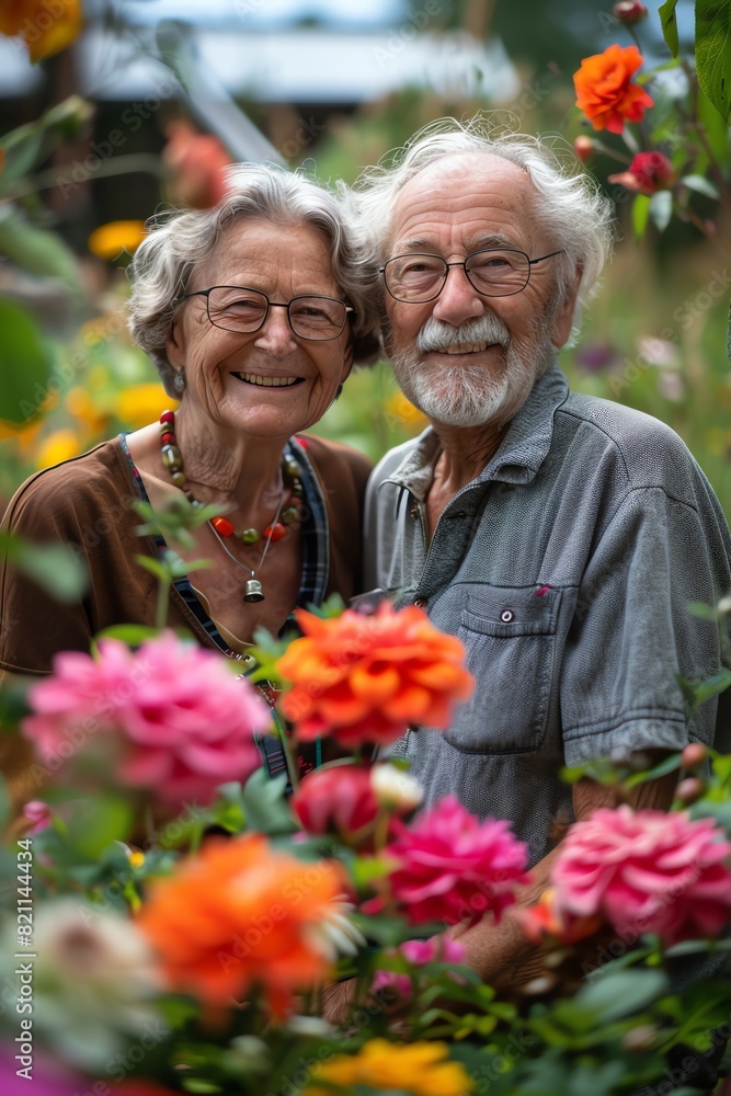 Smiling senior couple posing in a garden, surrounded by flowers, bright daylight Smiling senior couple posing in a garden, surrounded by flowers, bright daylight