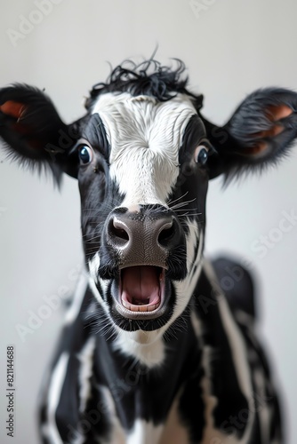 Surprised cow with open mouth, white background