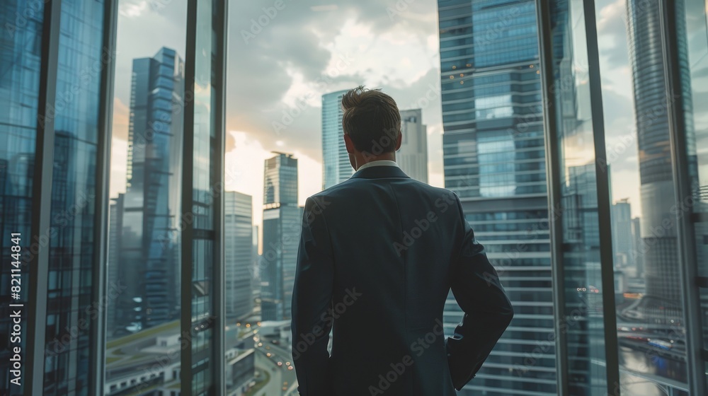 The portrait of a successful Caucasian businessman in a tailored suit stands in front of an office window looking out onto the skyscrapers of a big city. He is planning his project strategy. The portrait of a successful Caucasian businessman in a tailored suit stands in front of an office window looking out onto the skyscrapers of a big city. He is planning his project strategy.
