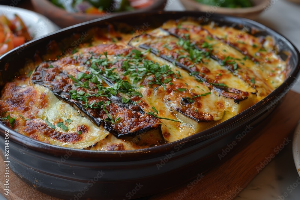 Parmigiana di Melanzane: Layers of fried eggplant, rich tomato sauce, and melted mozzarella, baked to a golden brown. Parmigiana di Melanzane: Layers of fried eggplant, rich tomato sauce, and melted mozzarella, baked to a golden brown.