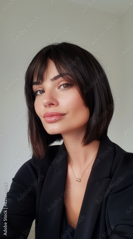 selfie influencer, white woman, straight black hair and bob cut selfie influencer, white woman, straight black hair and bob cut