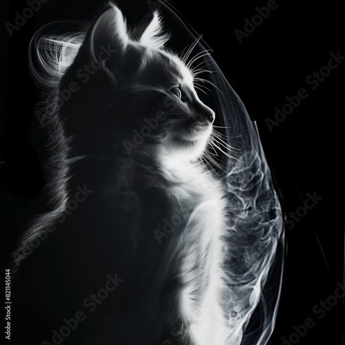 A cat is sitting on a black background with a white cat's face