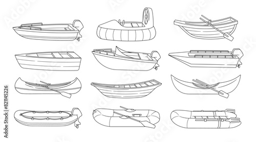 Black And White Outline Vector Set Of Various Types Of Boats Including Rowboats, Dinghies, Kayaks And Inflatable Boats