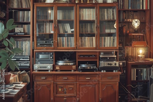 A cabinet showcasing a collection of collectible vinyl records and turntable equipment.