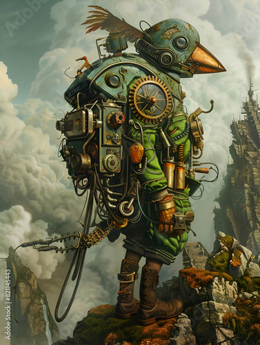 A steampunk birdman with a clock for a head stands on a mountaintop. photo