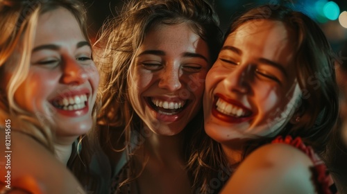 Positive people  photo or phone selfie on nightclub dance floor  bokeh disco or worldwide celebration. Mobile photo  social media  or profile picture of smile  bonding  or friends