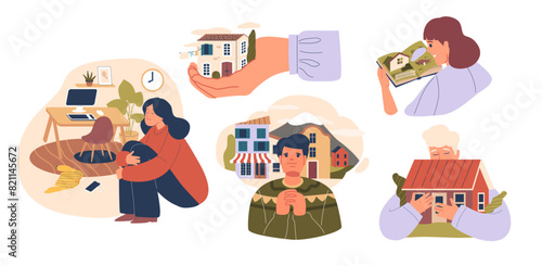 Diverse Characters Holding Representation Of A Home, Evoking Themes Of Ownership, Memory And Comfort, Cartoon Vector Set