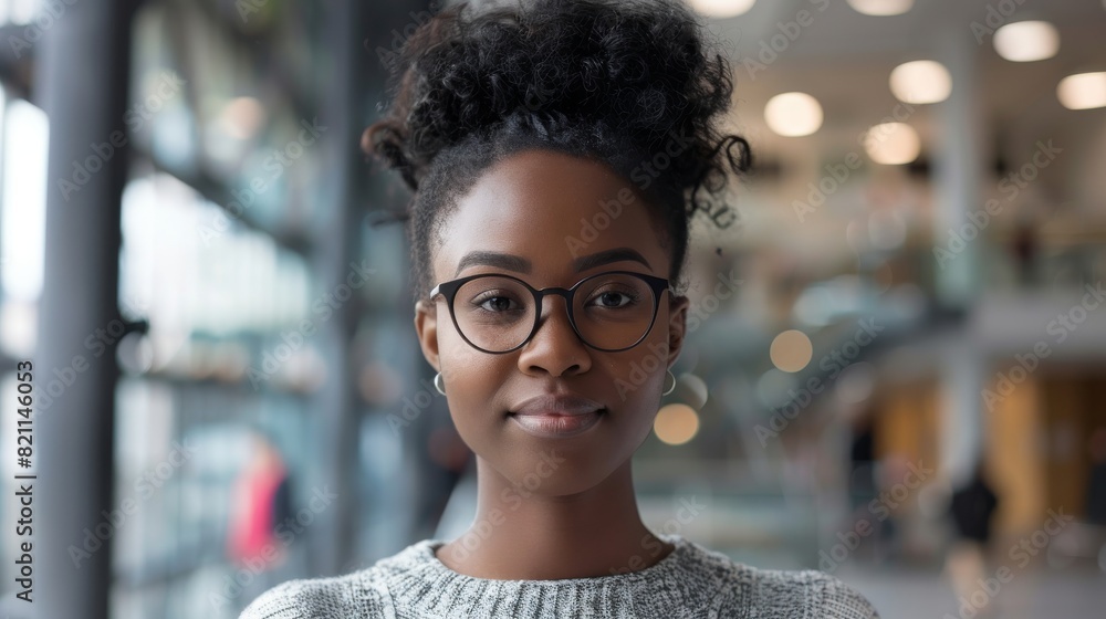 A young successful black woman poses and smiles in a modern school hallway in front of a camera. She is wearing stylish glasses. A young successful black woman poses and smiles in a modern school hallway in front of a camera. She is wearing stylish glasses.