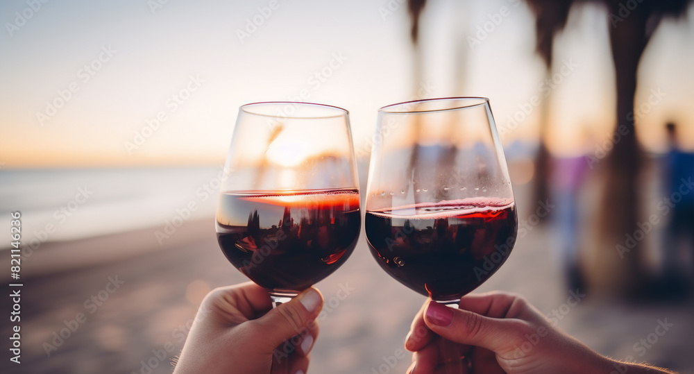 two people hands toasting with red wine glasses during in a restaurant with a beach background during the day, a happy celebration concept