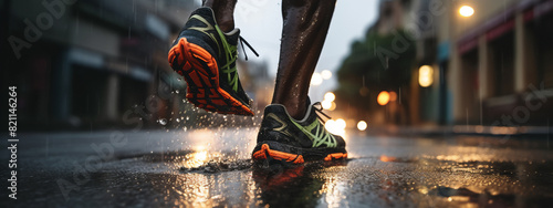 male or man South-African trail runner running on a city street with a close-up of the trail running shoes during a rainy day photo