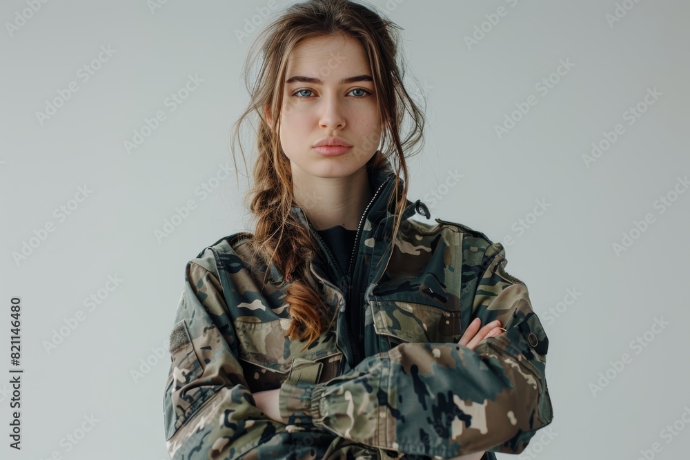 Soldier portrait with woman and arms crossed, army construction, pride, and professional heroism. Defense, courage, and a proud girl in camouflage at a federal institution. Soldier portrait with woman and arms crossed, army construction, pride, and professional heroism. Defense, courage, and a proud girl in camouflage at a federal institution.
