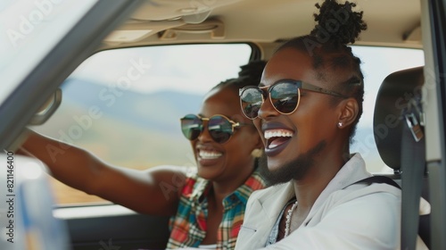 Black couple enjoying summer road trip or vacation. A joyful, trusting man or humorous woman singing to dance music with energy or sunglasses photo