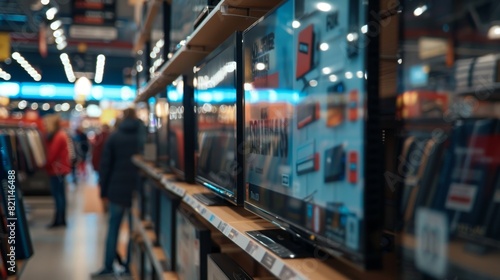 Home Electronics Store with a Range of Modern Smart TV Sets. Customers Explore Discounted Home Appliances in a Busy Retail Storefront Showroom during the Black Friday Sales.