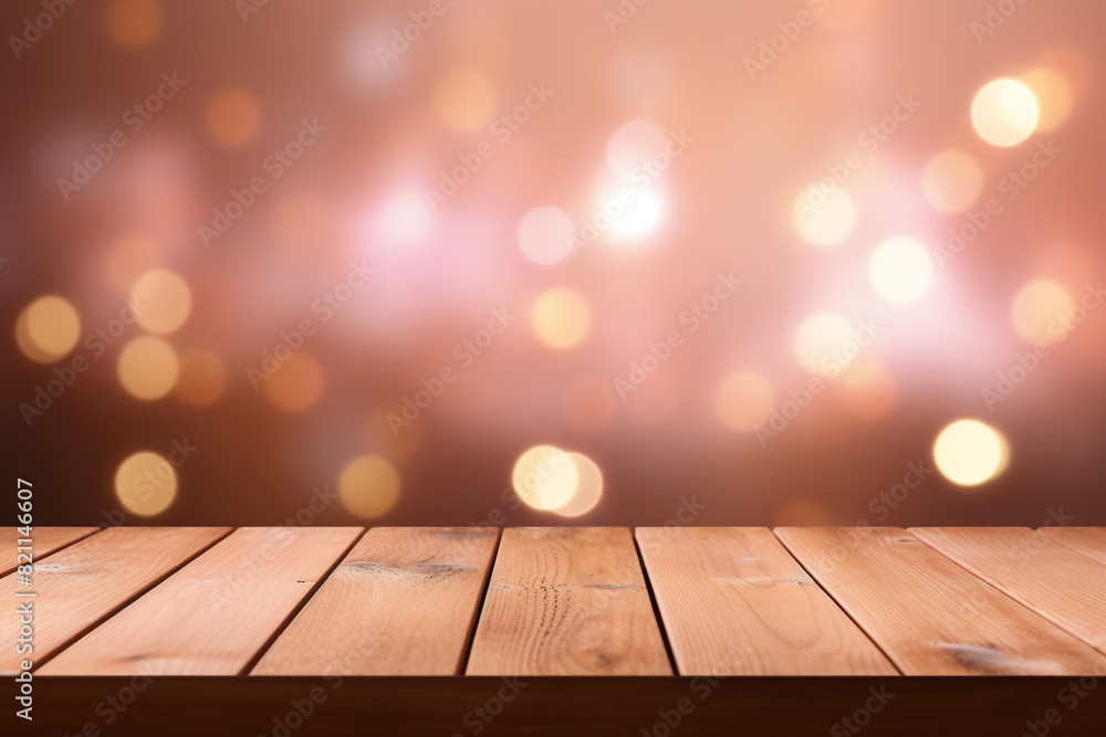 Empty wooden planks or tabletop in front of a blurred bokeh pink background and minimalist background a product display background or wallpaper concept with backlighting Empty wooden planks or tabletop in front of a blurred bokeh pink background and minimalist background a product display background or wallpaper concept with backlighting