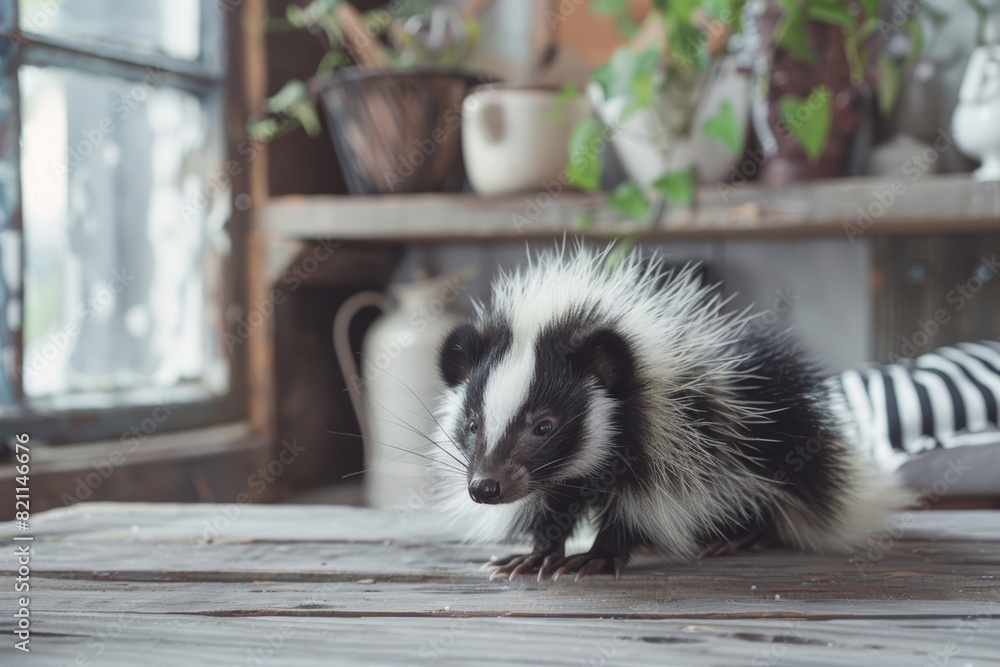 Fototapeta premium skunk exotic pet animal at minimal rustic home