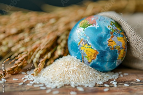 rice with globe in miniature. The concept of harvest, export, import, drought in hot countries