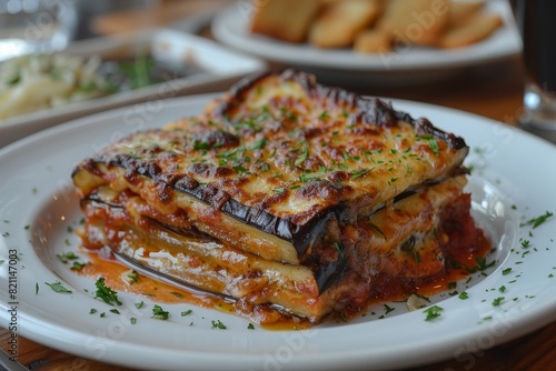 Parmigiana di Melanzane: Layers of fried eggplant, rich tomato sauce, and melted mozzarella, baked to a golden brown.