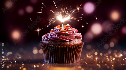 A birthday cupcake with chocolate and sparklers and a hearts of light on the background