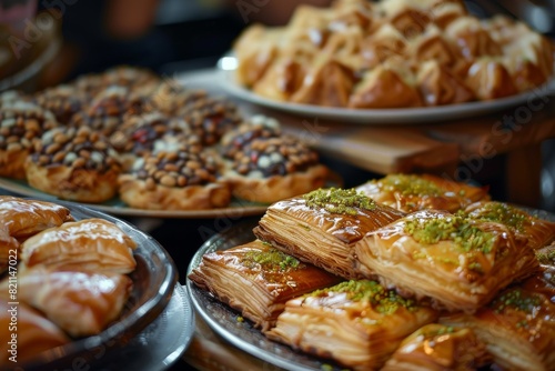 Indulge in the festive spirit with a close-up view of a plate brimming with delectable Turkish pastries, perfect for celebrating Eid al-Fitr. photo