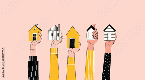 Hands holding up different small houses. real estate hand drawn style illustration