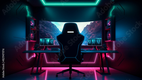 A gaming room setup with a computer that has three screens a minimalist and light room with neon light as light source close up with an empty chair