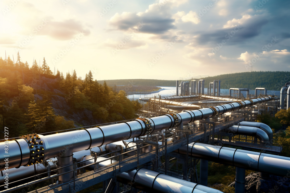 Aerial view of pipeline and pipe rack of industrial plant or industrial refinery factor with a cloudy sky at sunset; in a forest environment the future of energy