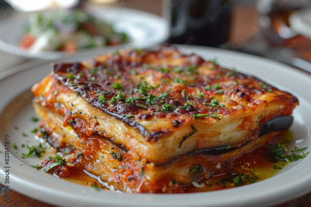 Parmigiana di Melanzane: Layers of fried eggplant, rich tomato sauce, and melted mozzarella, baked to a golden brown. Parmigiana di Melanzane: Layers of fried eggplant, rich tomato sauce, and melted mozzarella, baked to a golden brown.