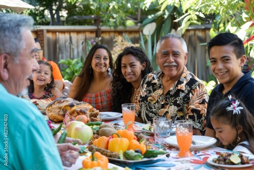 multigenerational hispanic family including grandchildren, parents  and grandparents enjoying a meal together at backyard table on summer day