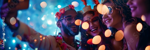 Friends celebrating at a party with bright lights and vibrant colors, faces obscured photo