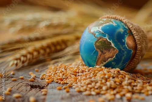 Wheat grains next to the globe in miniature. The concept of harvest, export, import, drought in hot countries