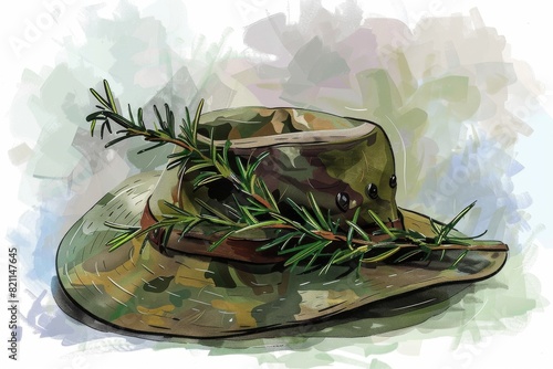 A detailed close-up of a soldier's slouch hat adorned with a sprig of rosemary, symbolizing remembrance and loyalty on Anzac Day. photo