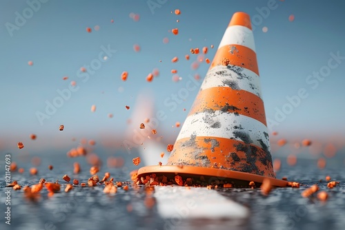 A traffic cone submerged in water surrounded by orange and white cones photo