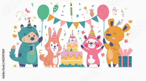 Cute animal characters at birthday party celebrating