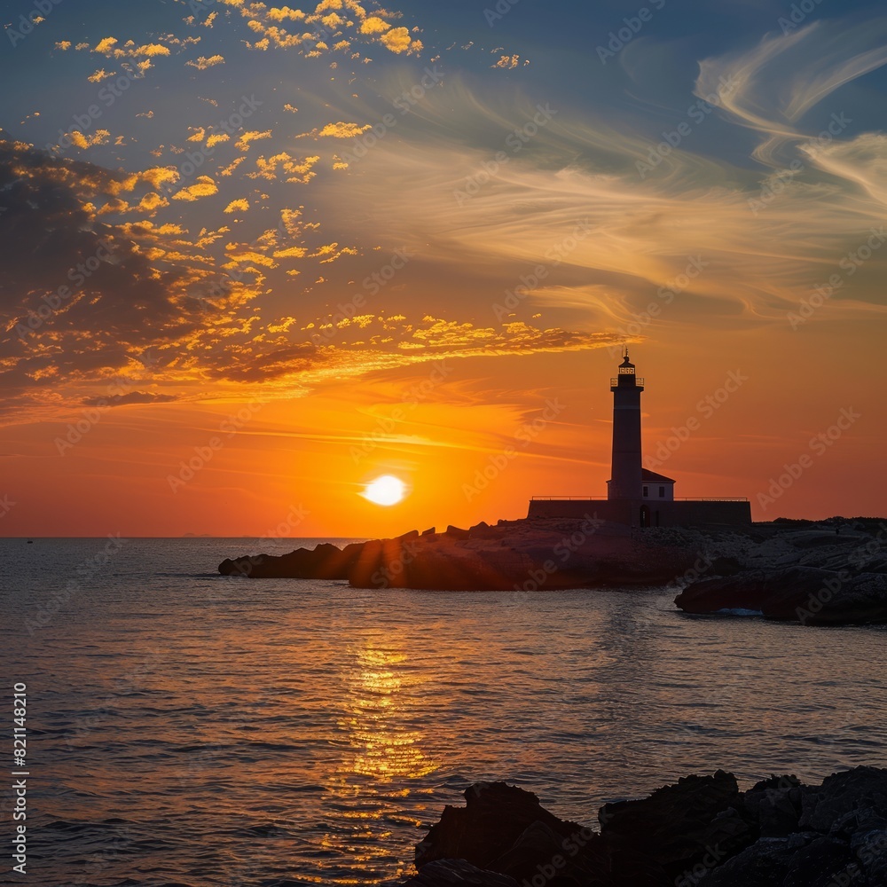 A lighthouse is on a rocky shoreline with the sun setting in the background