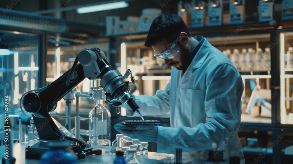 Scientist uses tablet computer to manipulate and program robotic arm to move microchip during research phase in high tech startup. Scientist uses tablet computer to manipulate and program robotic arm to move microchip during research phase in high tech startup.