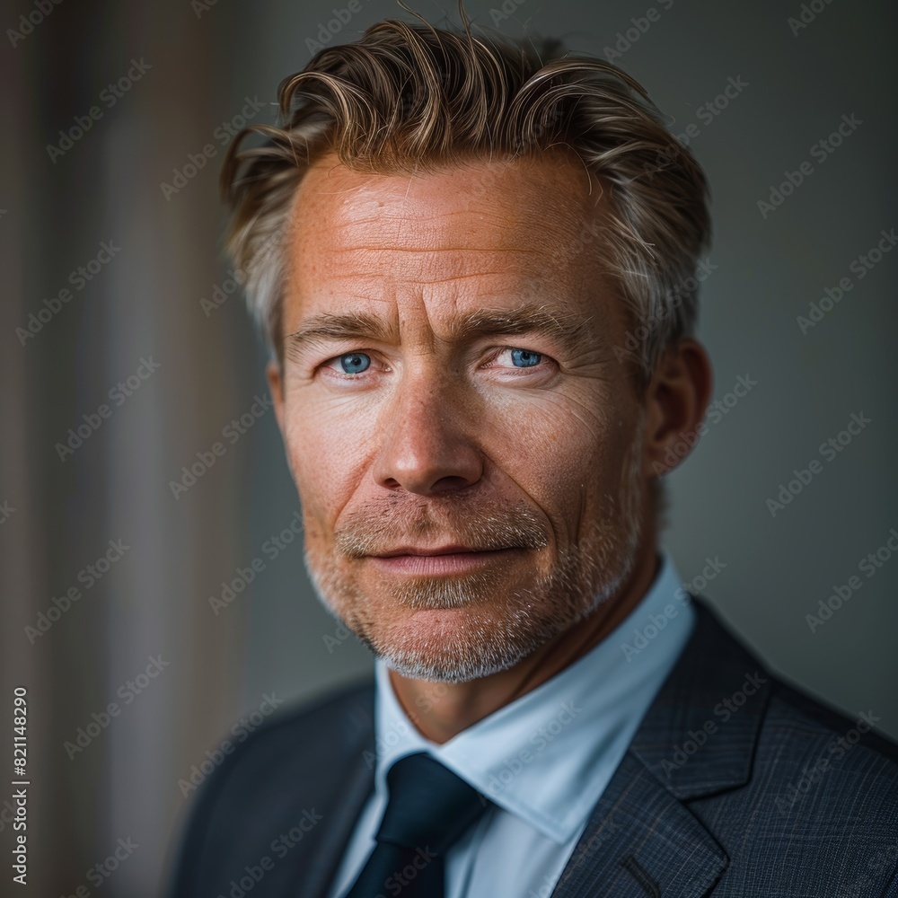 portrait photography, medium close-up shot, a Finnish man, about 50 years old, in a corporate suit without tie, slightly smiling at the camera portrait photography, medium close-up shot, a Finnish man, about 50 years old, in a corporate suit without tie, slightly smiling at the camera
