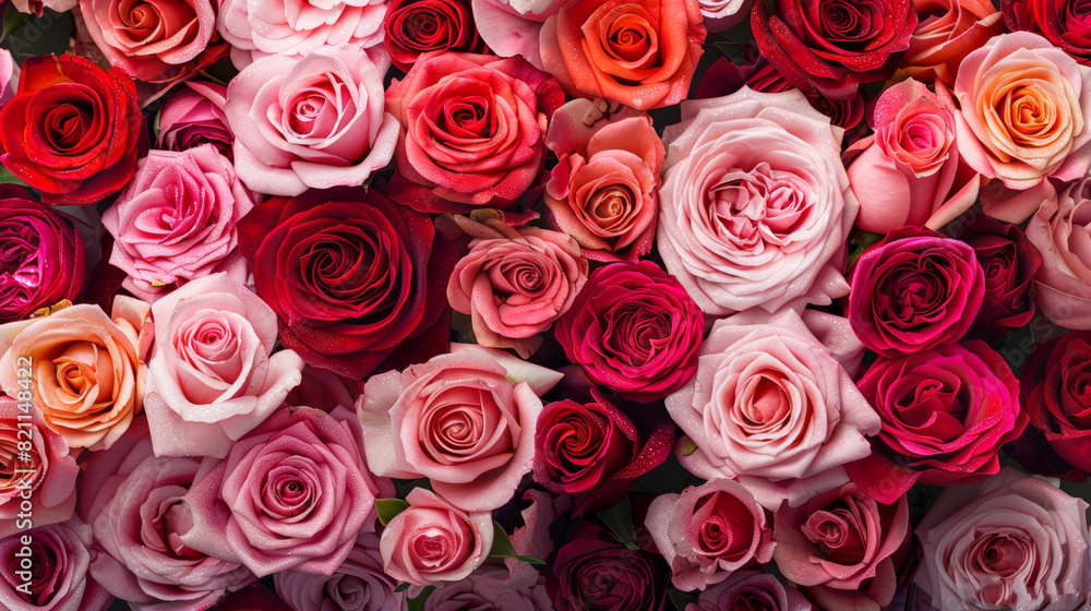A large wall of roses in various shades of pink and red, creating an attractive floral backdrop for a Valentine's Day photo shoot. A large wall of roses in various shades of pink and red, creating an attractive floral backdrop for a Valentine's Day photo shoot.