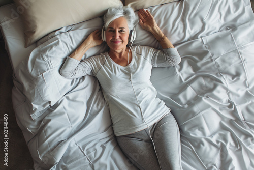Elderly lady lying in bed with headphones on photo