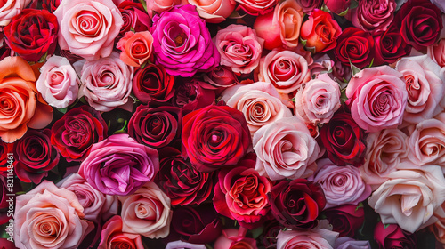A large wall of roses in various shades of pink and red  creating an attractive floral backdrop for a Valentine s Day photo shoot.