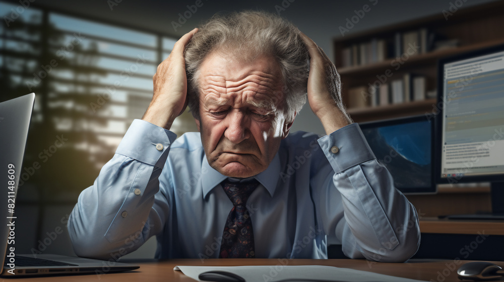 Fototapeta premium A tired and frustrated elderly and South-African business man is sitting at his modern office desk with his hands in her hair with side-lighting