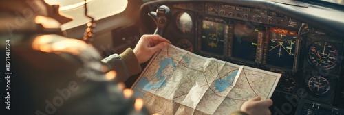 A pilot examines a map inside an aircraft's cockpit, surrounded by various flight instruments and gauges
