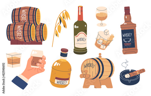 Whiskey Related Items Set. Barrels, Bottles, Glass In Hand, Ice Cubes And A Whiskey Glass Filled With Beverage, Vector